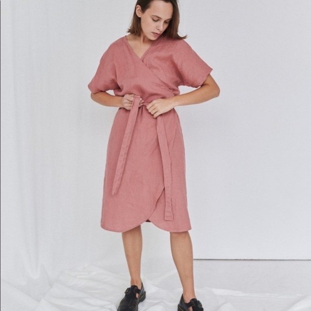 Linenfox XS Mimosa Blush Salmon Wrap Dress Mini Short Sleeve V-Neck Pockets Boho